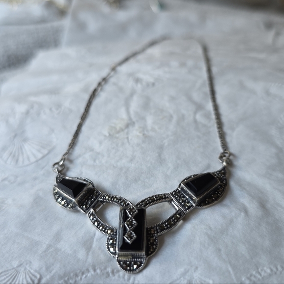 Post 1940's Vintage onyx & marcasite necklace art deco 925. A REAL BEAUTY! - Picture 11 of 13